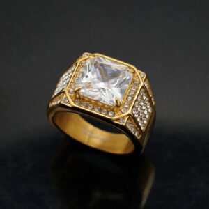 316 Stainless Steel Gold-Plated Hip Hop Men's Ring with Luxury 3A Zircon Inlay