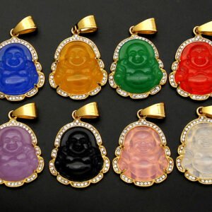 Men's 316 Stainless Steel Iced-Out Maitreya Buddha Pendant 9 Colors Malay Jade Chalcedony