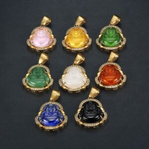 Men's 316 Stainless Steel New Iced-Out Gold-Plated Maitreya Buddha Pendant with Glass Stone & Chalcedony