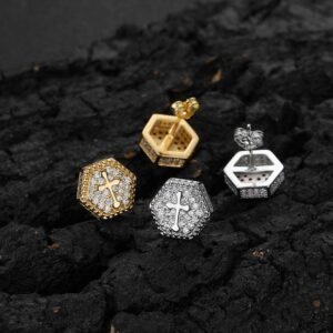 Hexagon Micro Cross Studs Earrings